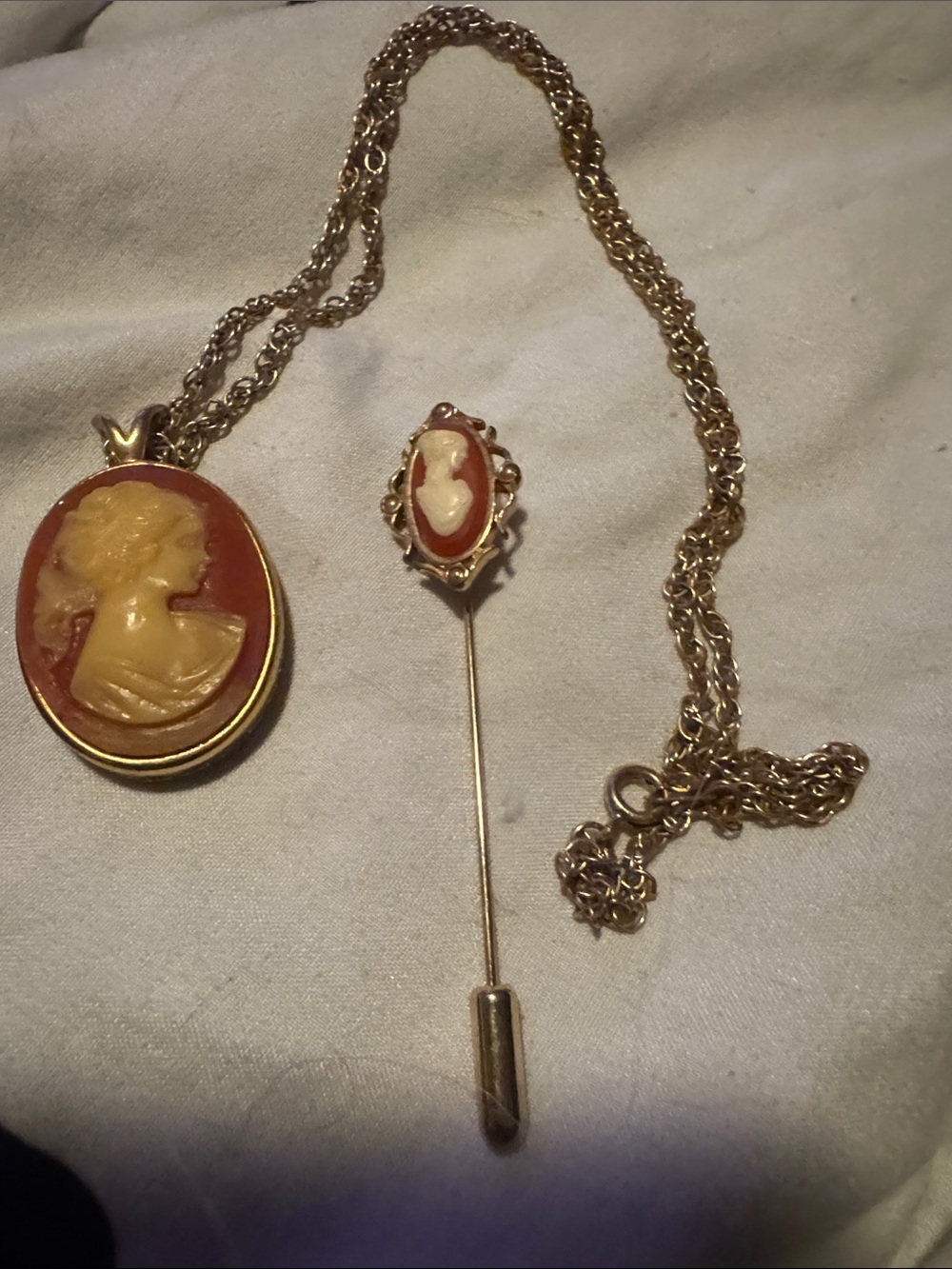 Gold-Tone Coral and Cream Cameo Pendant Necklace